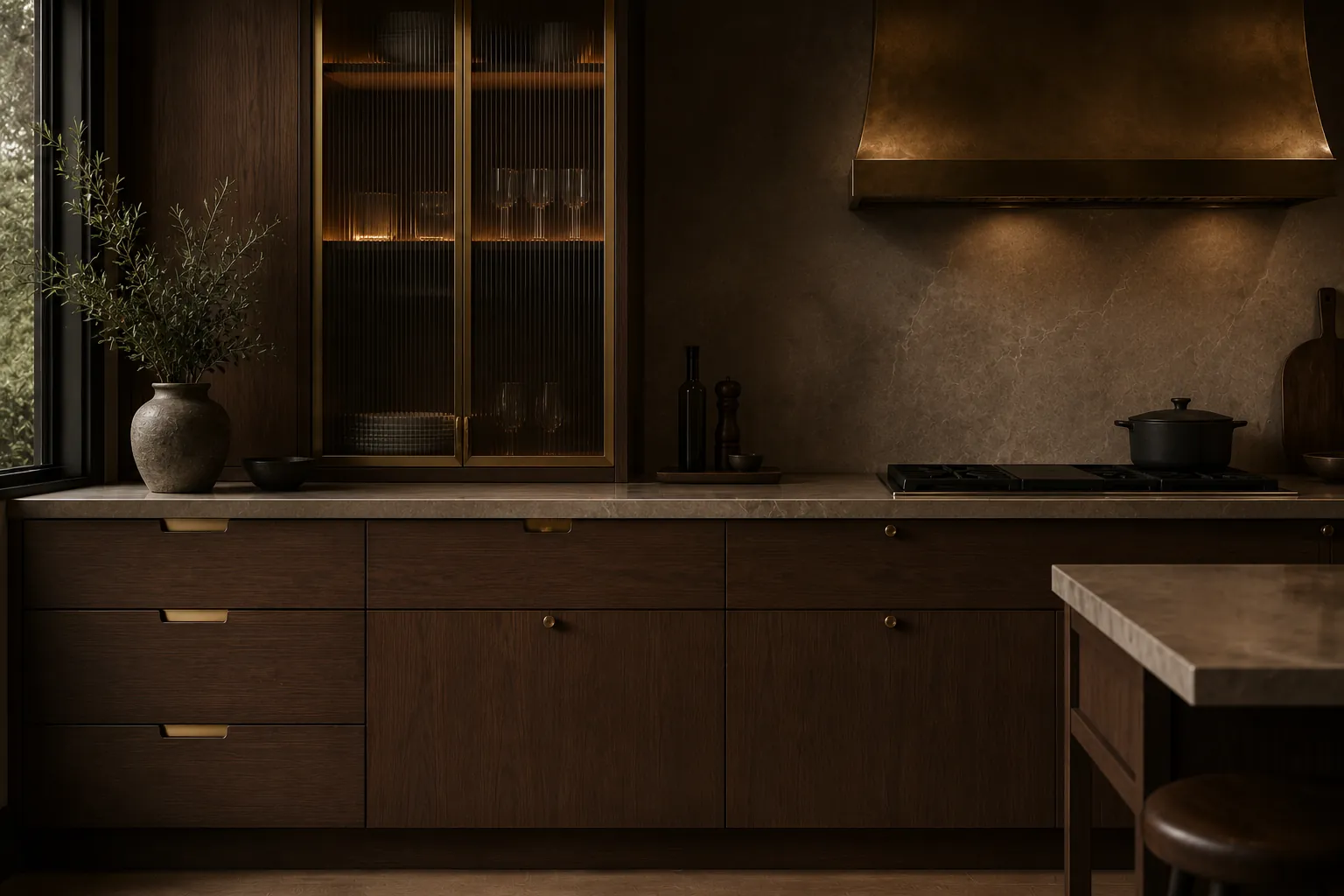 Hand-finished walnut kitchen with unlacquered brass hardware